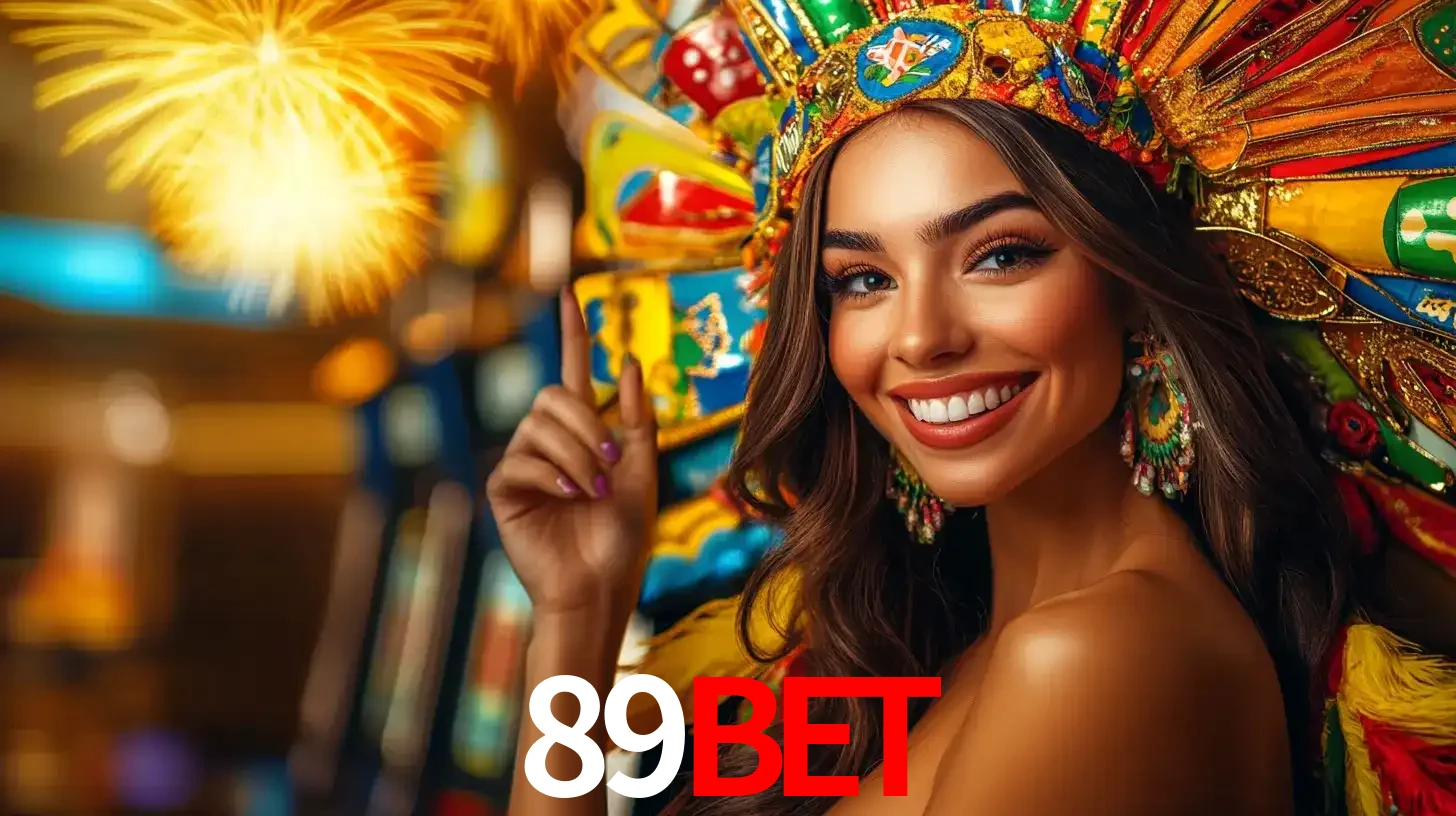 Mulher sorridente com um cocar de carnaval vibrante e colorido, celebrando uma grande vitória nos jogos do cassino 89bet com fogos de artifício ao fundo.