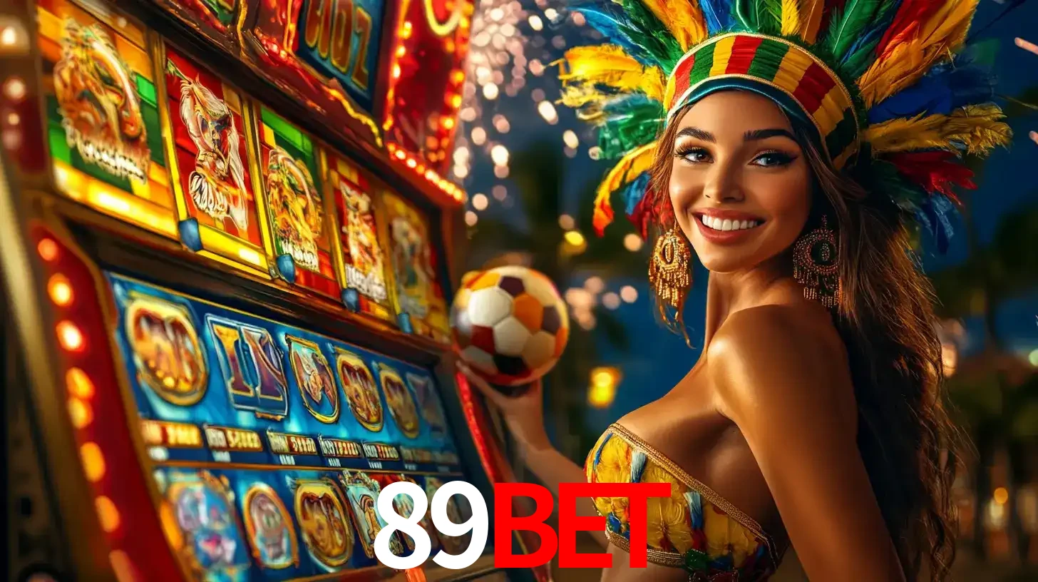Mulher com um cocar de carnaval ao lado de uma máquina de caça-níqueis enquanto segura uma bola de futebol, mostrando a união da diversão de cassino e esportes no 89bet.