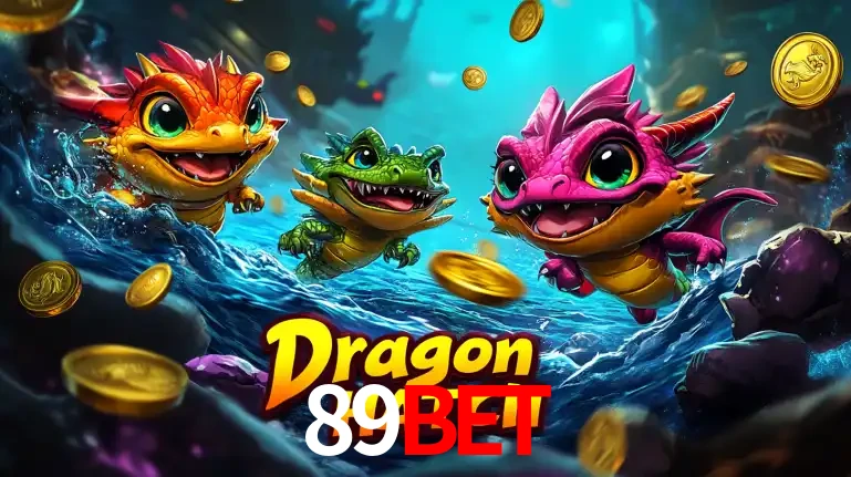 Arte promocional do jogo Dragon Hatch com três adoráveis dragões bebês nadando entre moedas de ouro, um dos slots mais divertidos para jogar no cassino 89bet.