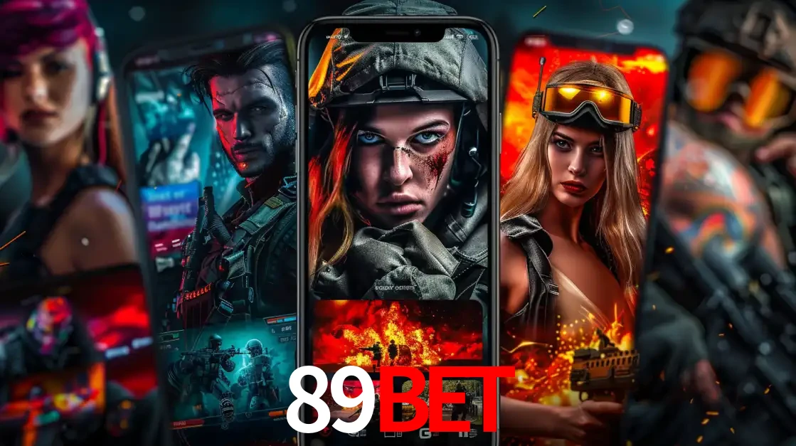 Montagem de telas de celular mostrando diversos personagens, masculinos e femininos, de um jogo de tiro, ilustrando a diversidade de equipes de e-sports para apostar no 89bet.