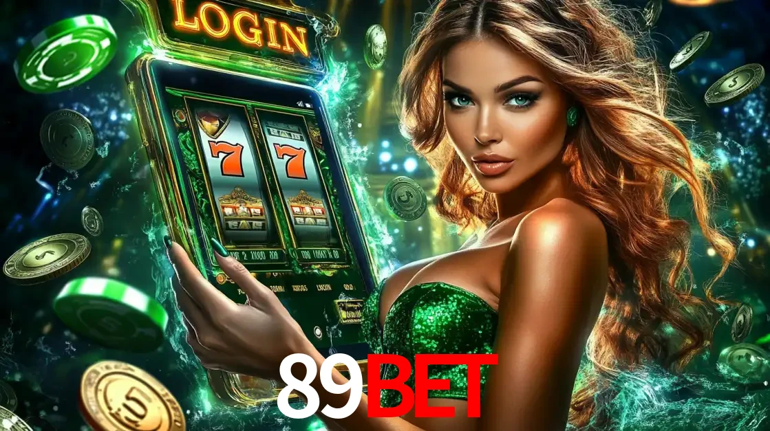 Mulher com tema verde apresentando o aplicativo do cassino 89bet com um jogo de slot de 777, cercada por fichas de cassino e uma aura de sorte.