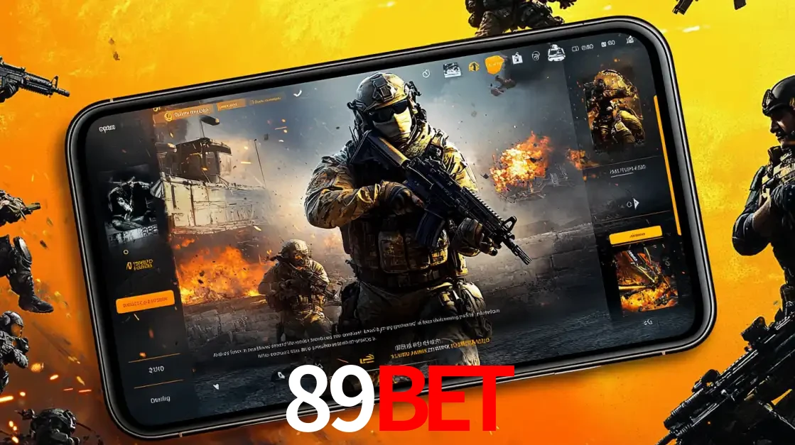 Um smartphone exibindo a interface de um jogo de tiro em primeira pessoa, com um soldado em um cenário de batalha, representando a ação dos e-sports para apostar no 89bet.