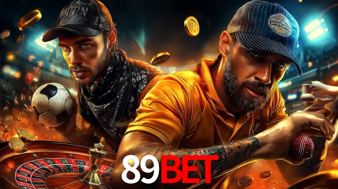 Montagem de apostas esportivas e cassino no 89bet, com um homem segurando uma bola de futebol e outro uma de beisebol sobre uma roleta e moedas voadoras.