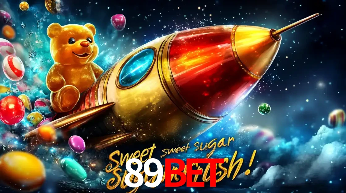 Arte promocional do jogo de slot Sugar Rush, com um urso de pelúcia em um foguete viajando pelo espaço de doces, um dos jogos divertidos disponíveis no cassino 89bet.