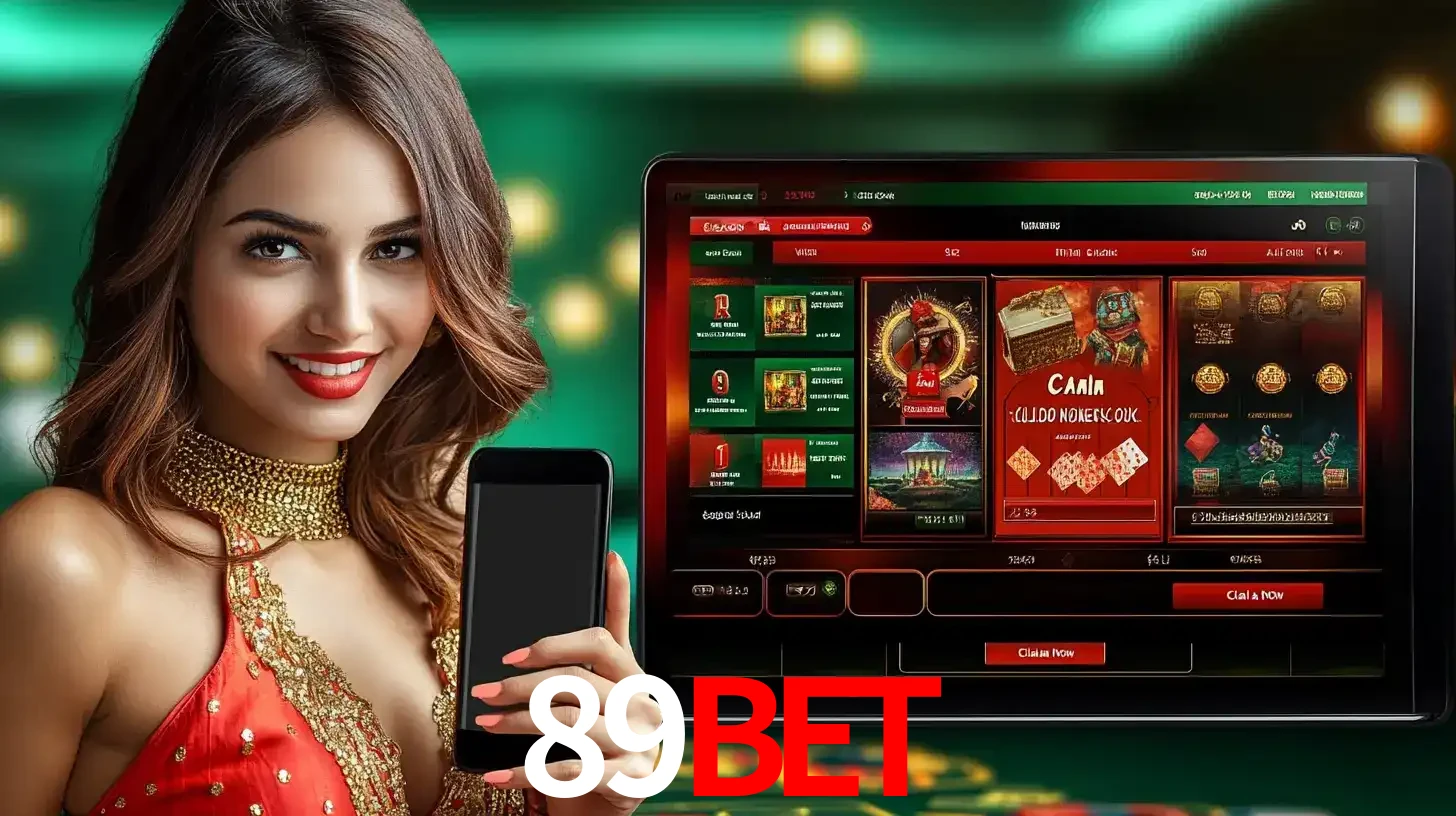 Mulher sorridente segurando um smartphone, ao lado de uma tela exibindo o lobby de jogos do cassino online 89bet, com várias opções de jogos de cartas e slots.